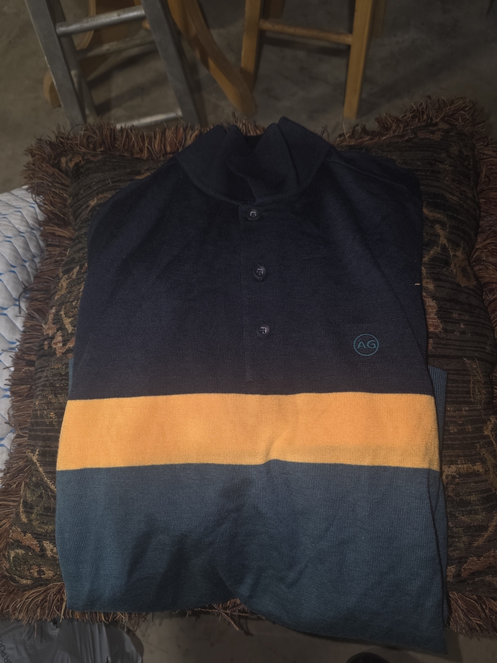 Ag Adriano Goldschmied Navy Polo Sweater with Orange and Teal Stripes